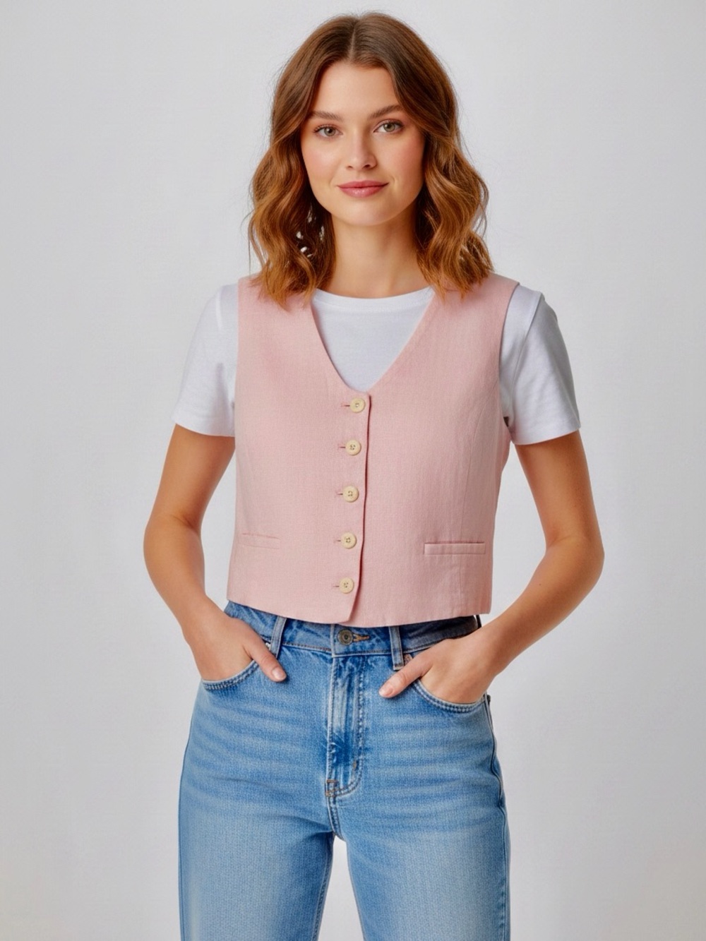 100% Linen Lined Mango Pink Button-Front Vest Size Large